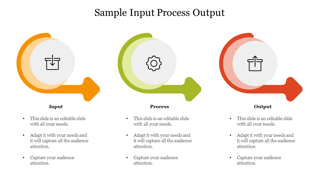 Colorful input-process-output diagram slide featuring segmented arrows and relevant icons for each phase with text area.