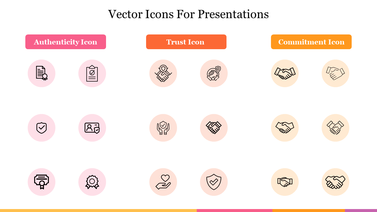 Slide displaying vector icons in three columns layout, each within circular shapes in pink, orange, and yellow tones.