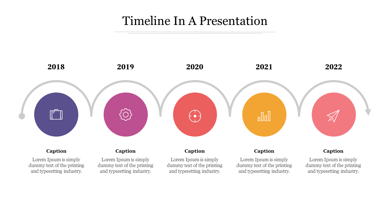 Timeline with curved arrows connecting circular icons in purple, pink, red, yellow, and orange, for the years 2018 to 2022.