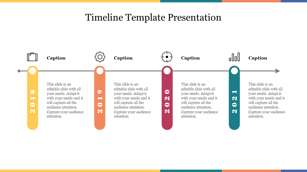 A colorful timeline slide showcasing key years from 2018 to 2021, with sections for captions and icons for each year.