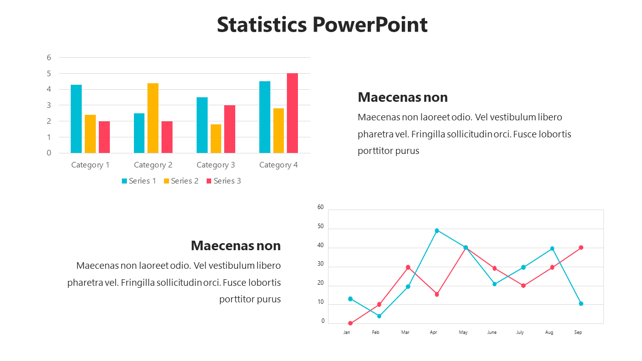 Statistics template featuring a bar chart and line graph, with placeholder text areas for detailed data descriptions.