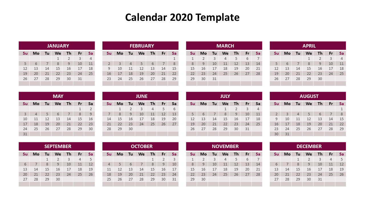 2020 calendar template with months displayed in purple header blocks and organized grids for each month.