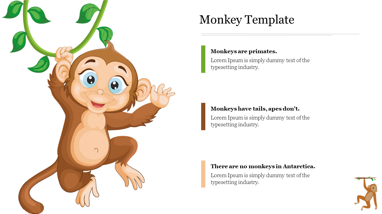 Illustration of a smiling monkey holding a vine, with three text sections on the right.