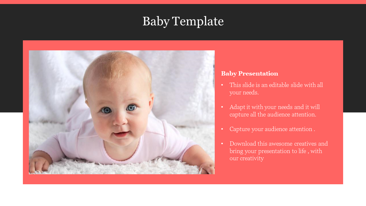 Cute baby template for a presentation, featuring a smiling baby on a white background with placeholder text.