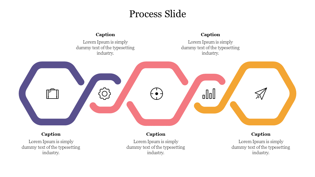 Sequential hexagon shapes in purple, pink, and orange with icons and captions, forming a connected process flow.