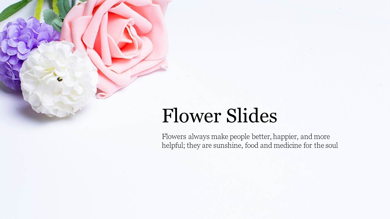 Elegant floral layout featuring a pink rose and other flowers blooms against a white background with text on the right.