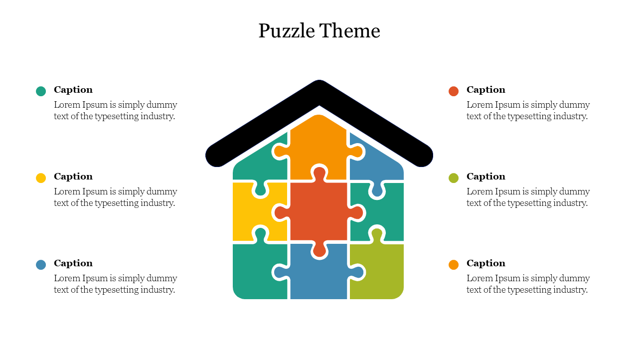 Puzzle theme slide design featuring a house made of colorful puzzle pieces with captions under each section.