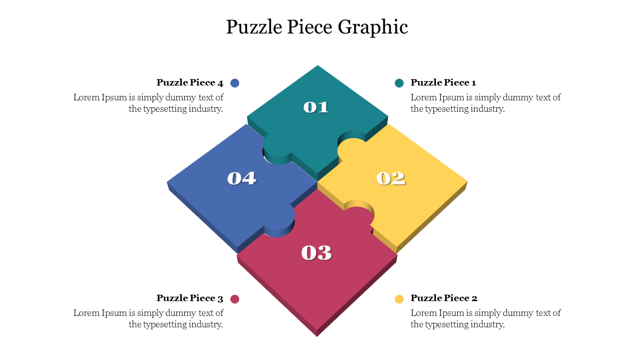 Puzzle piece graphic slide featuring four colorful pieces with placeholders for text and descriptions.