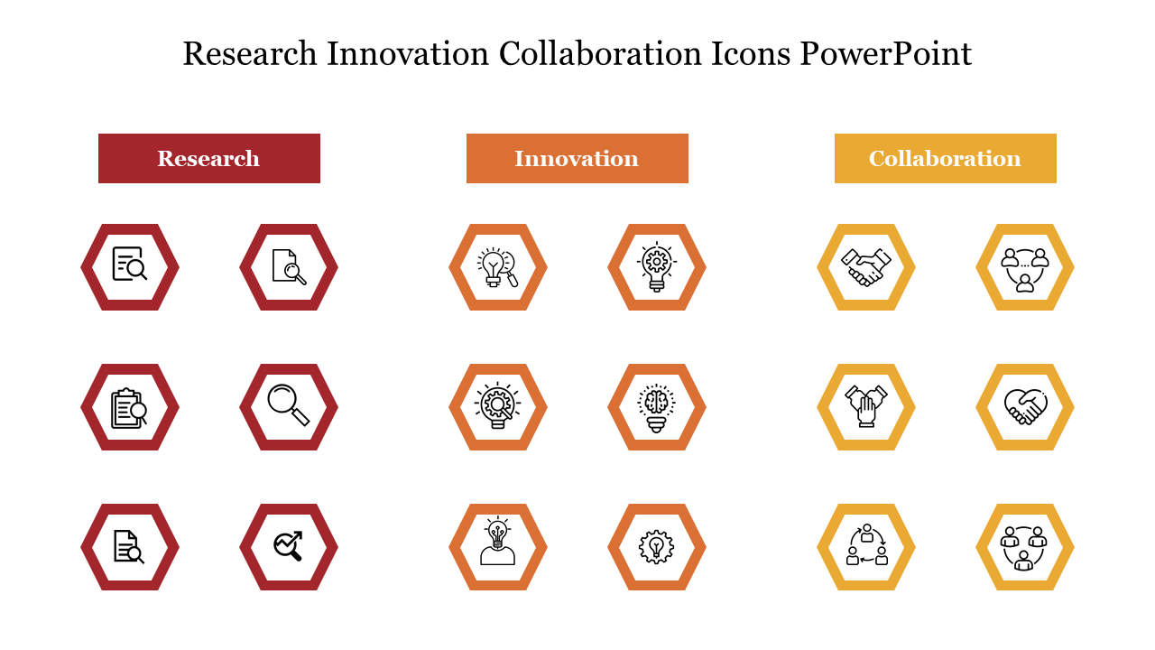 PowerPoint slide featuring icons for research, innovation, and collaboration, with hexagonal shapes and accompanying labels.