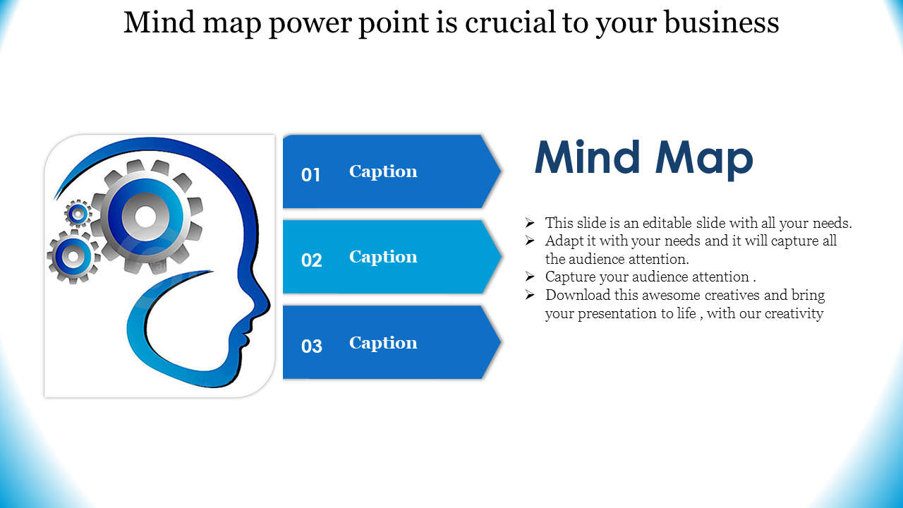 Mind map slide featuring a silhouette with gears symbolizing thought, with three labeled blue arrows with caption areas.