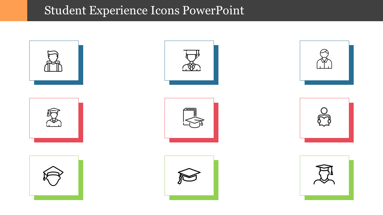 Template with icons illustrating student life, including a student, graduate, professor, and a student with a diploma.