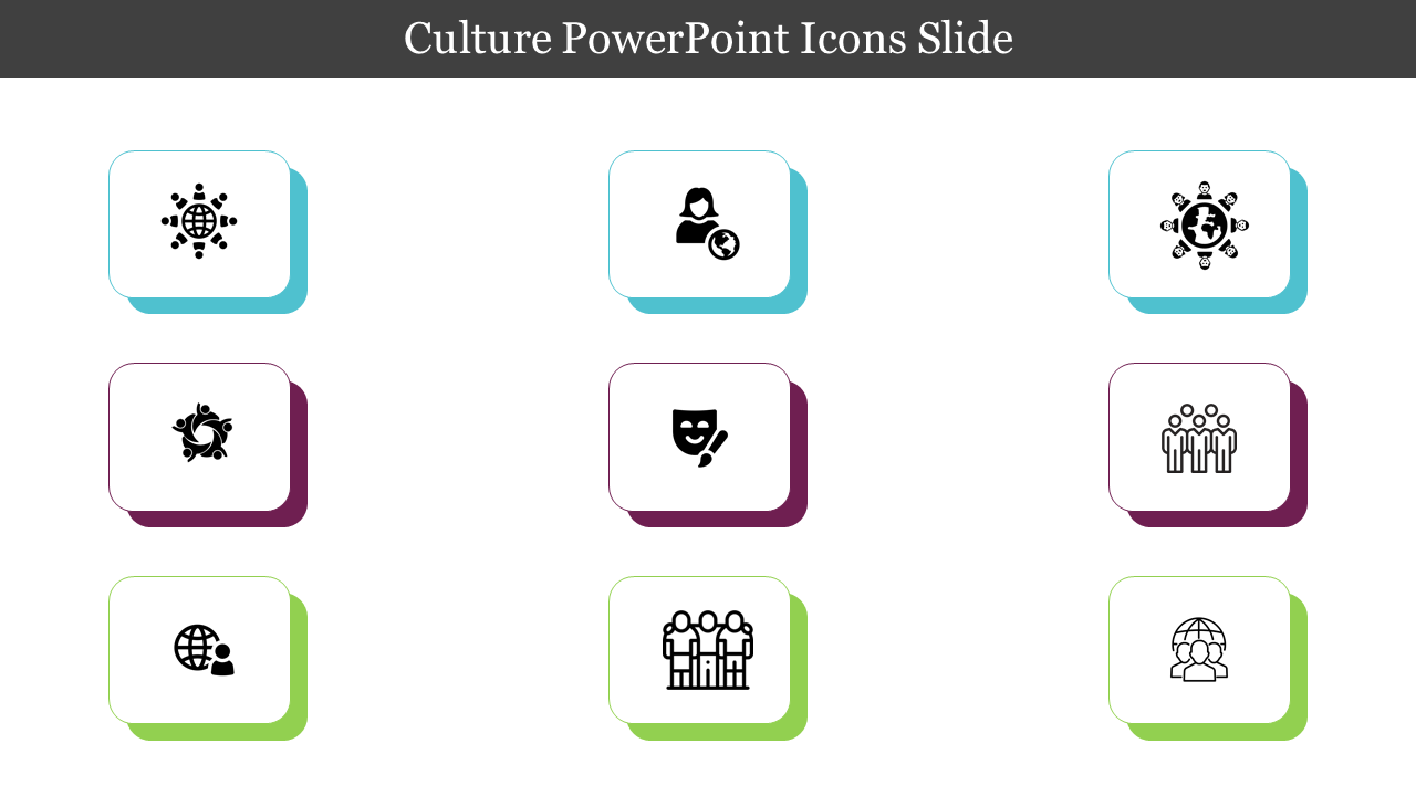 A slide featuring a grid of cultural icons, each representing different aspects of culture in distinct color coded boxes.