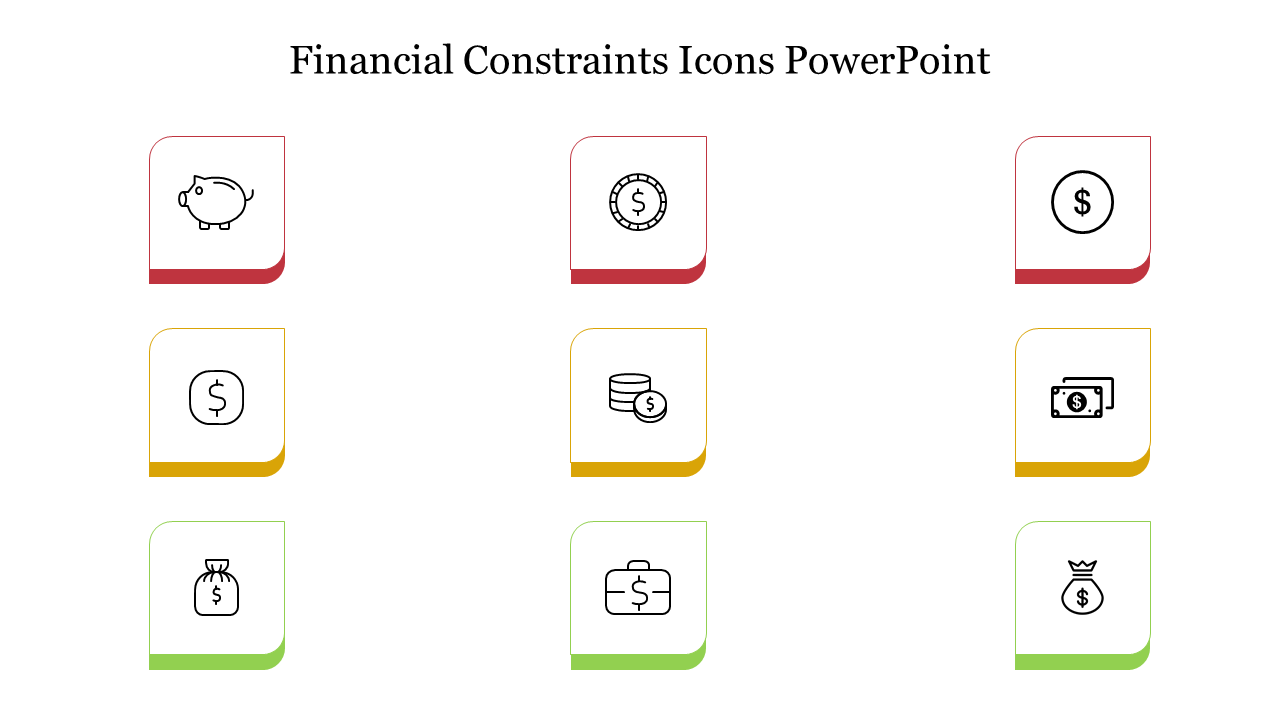 Financial constraints icon set in PowerPoint featuring symbols of piggy banks, coins, and money bags with colored borders.