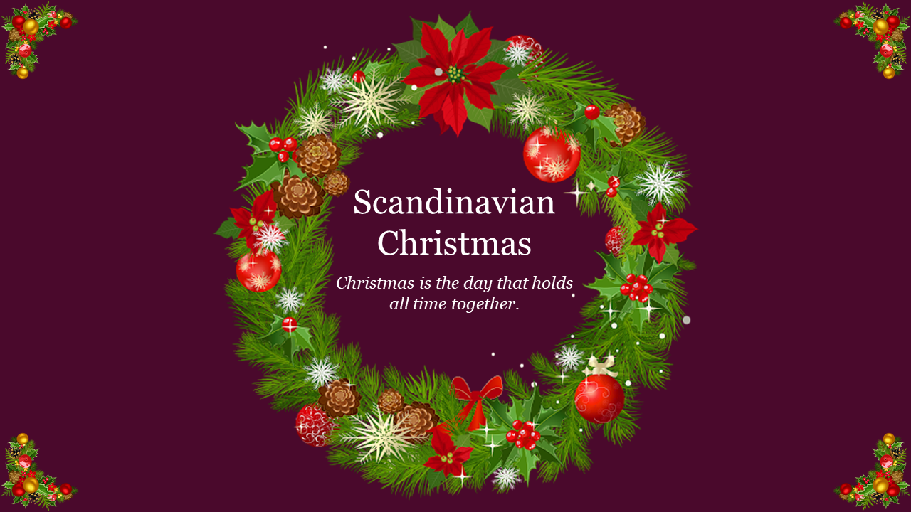 Scandinavian Christmas PowerPoint background slide with a wreath and festive decorations, featuring a holiday quote.