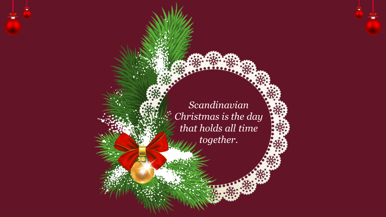 Christmas wreath with a bow and ornaments, featuring the text is the day that holds all time together on a dark red theme.