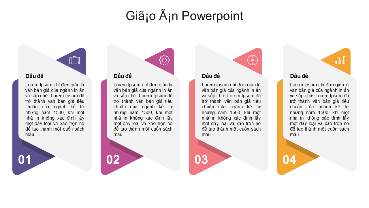 Giajo Ajn PowerPoint template with four colorful sections, each containing icons and text placeholders for various topics.