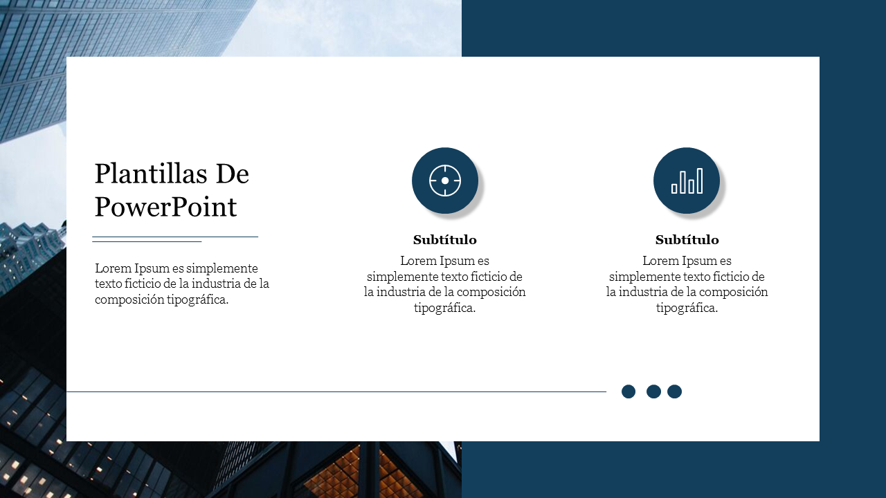 Modern Plantilla De PowerPoint with urban skyscrapers, three circular icons representing key concepts, and caption areas.