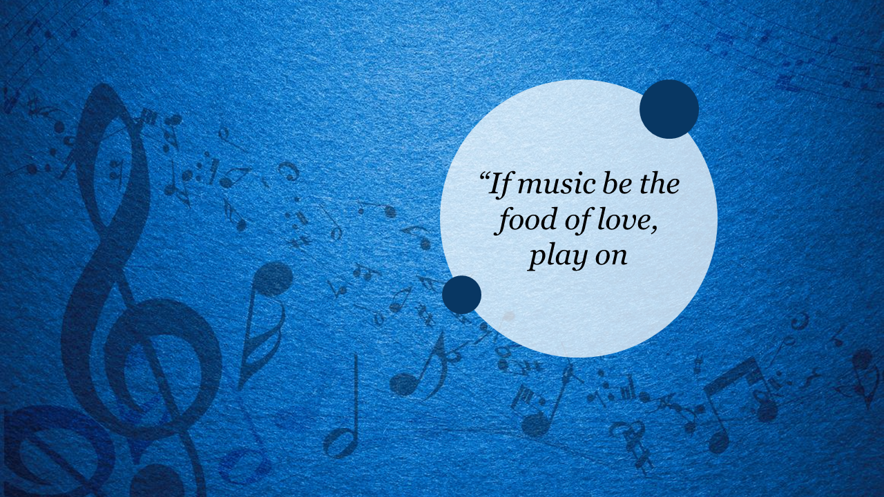 Slide featuring a quote about music, adorned with a textured blue backdrop and musical elements.