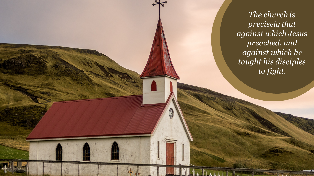 A countryside church with a red steeple, surrounded by green hills, featuring a quote in a brown circle on the right side.