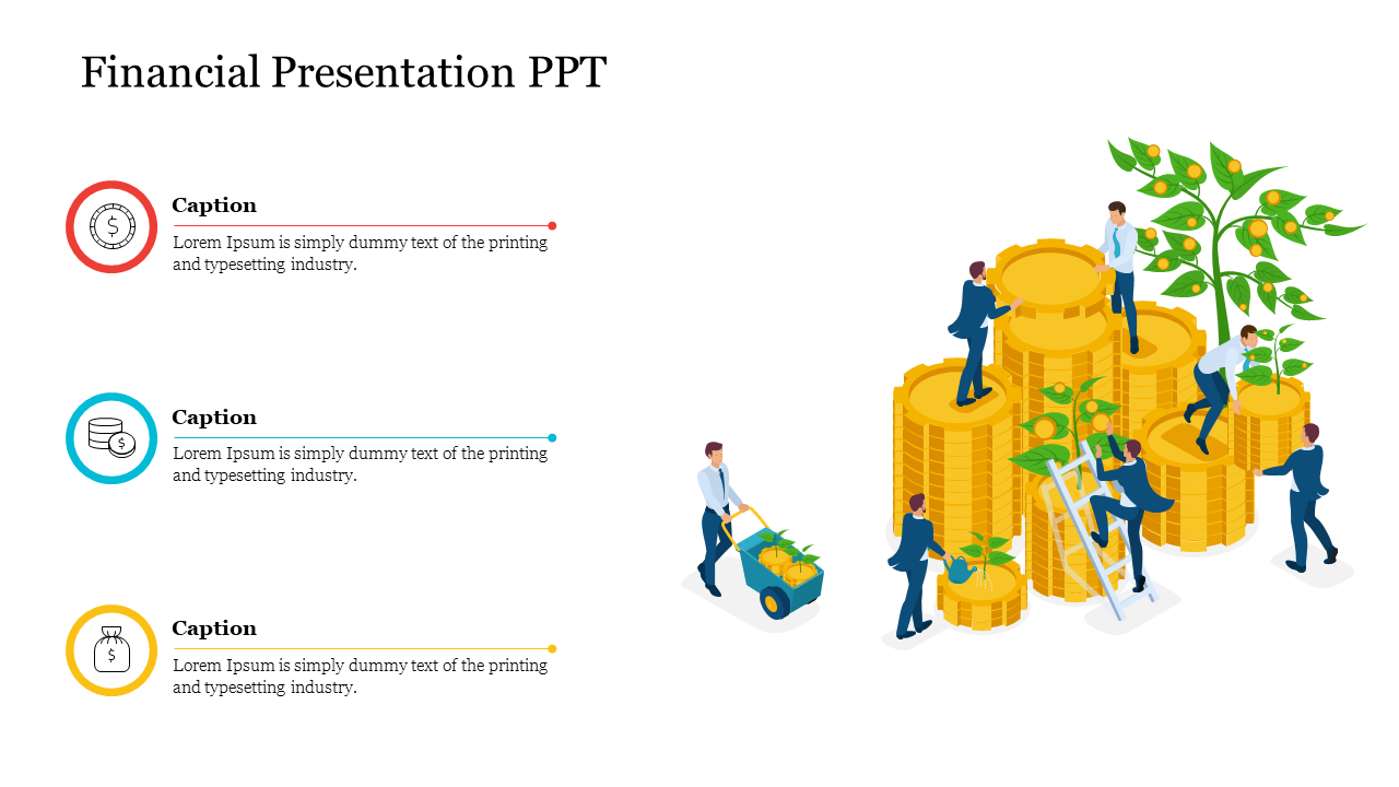 A financial slide featuring illustrations of people growing plants from stacks of coins, with captions and icons.