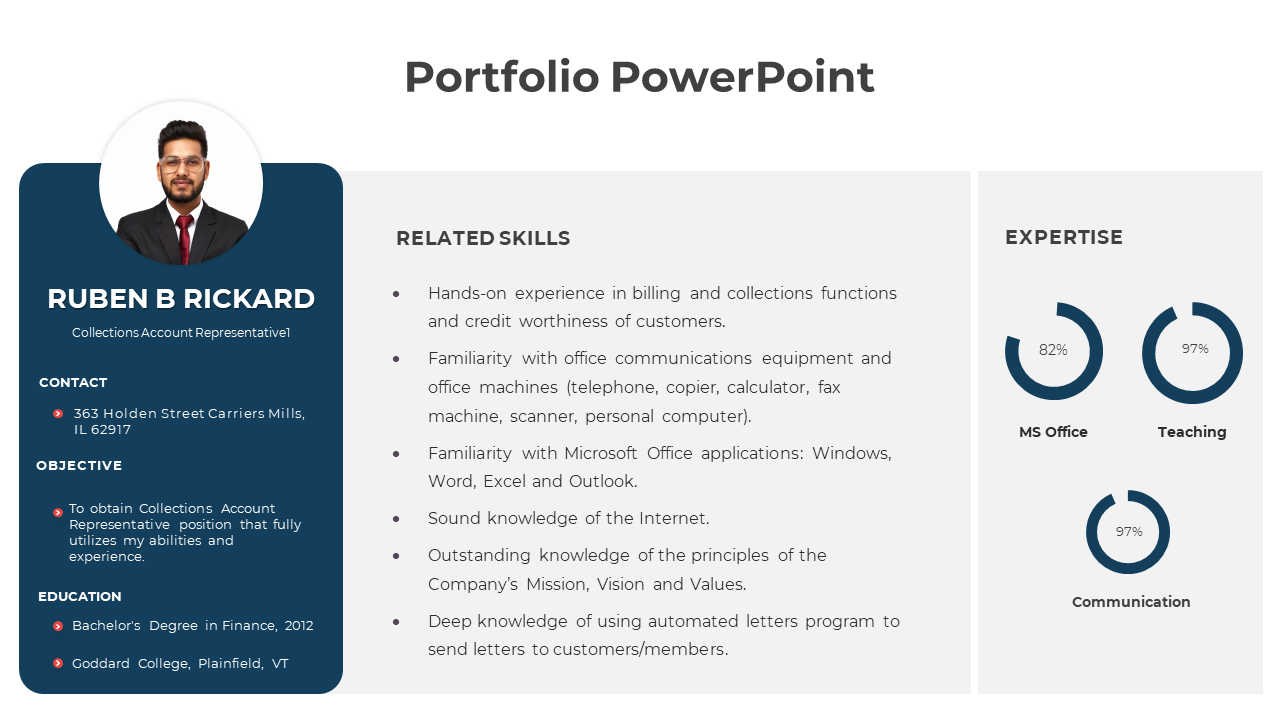 Portfolio slide with a personal profile on the left, skills and qualifications in the center, and visual expertise charts.