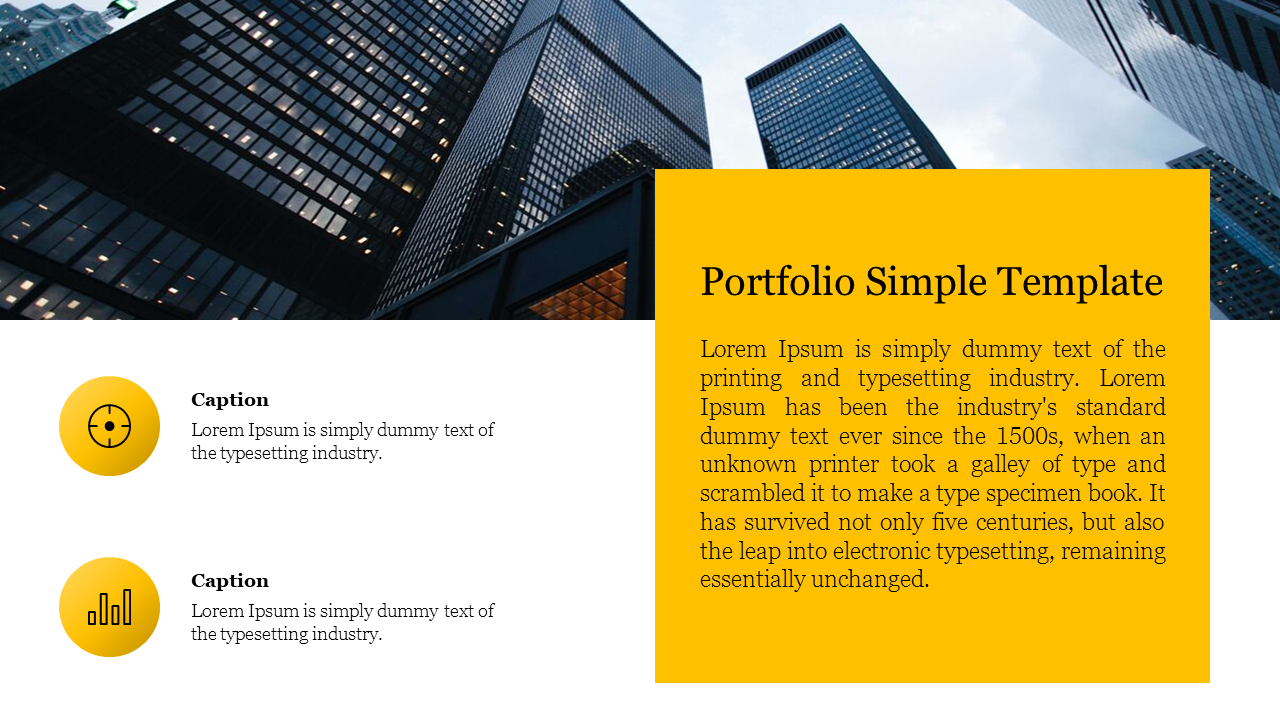 Modern portfolio template with yellow and gray layout, featuring two business icons and a cityscape background.