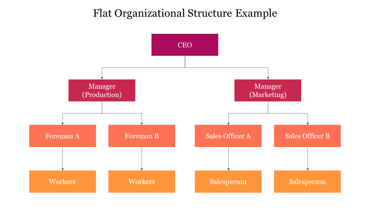 Simple flat organizational structure slide showing the CEO, managers, and direct reports in a hierarchical chart.