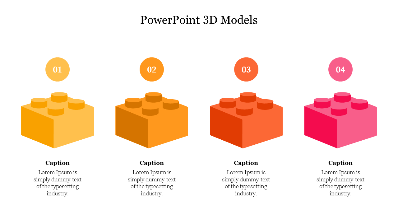 Slide showcasing four colorful 3D block models numbered 1 to 4, each with a caption area below.