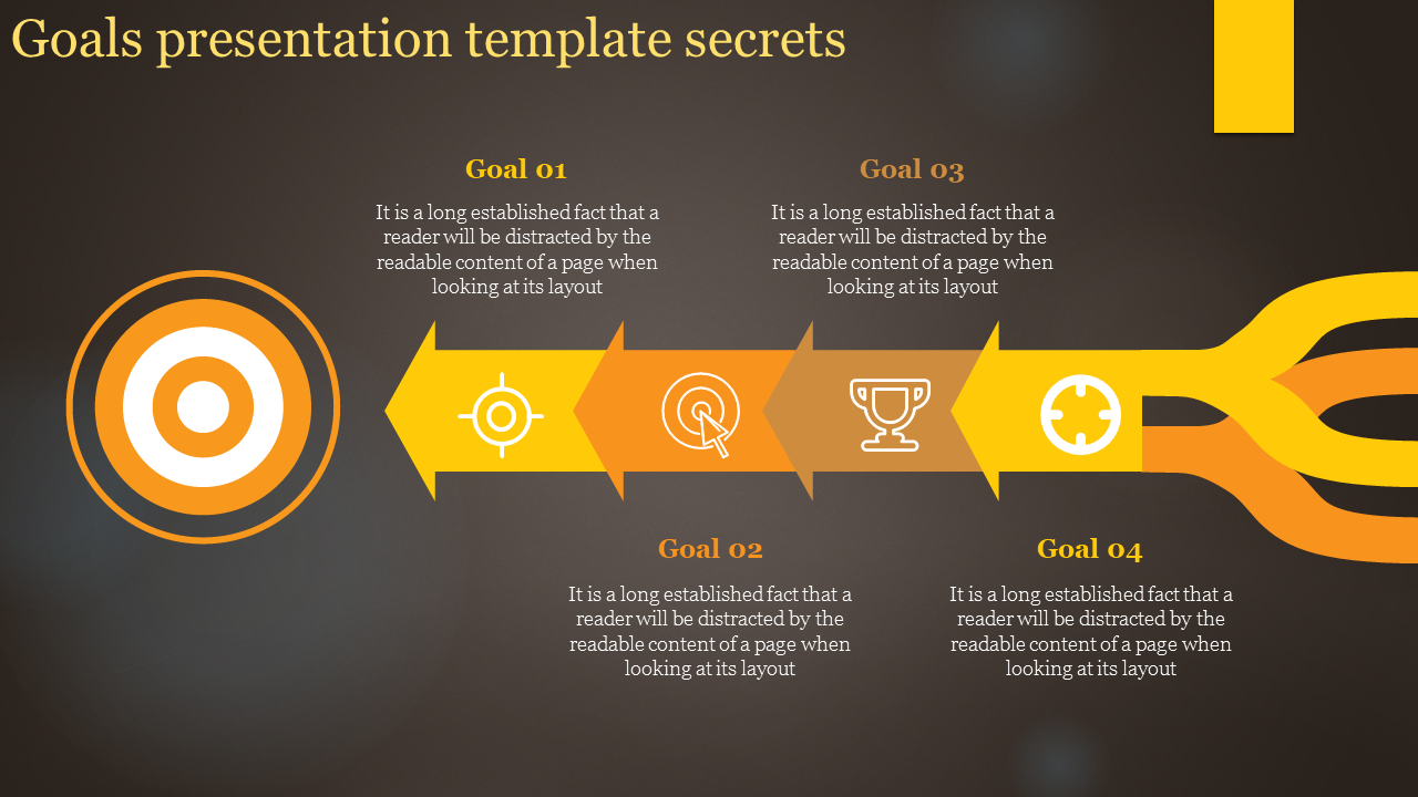 Goals template with a pathway of arrows, moving from individual goal descriptions toward a circular target icon.