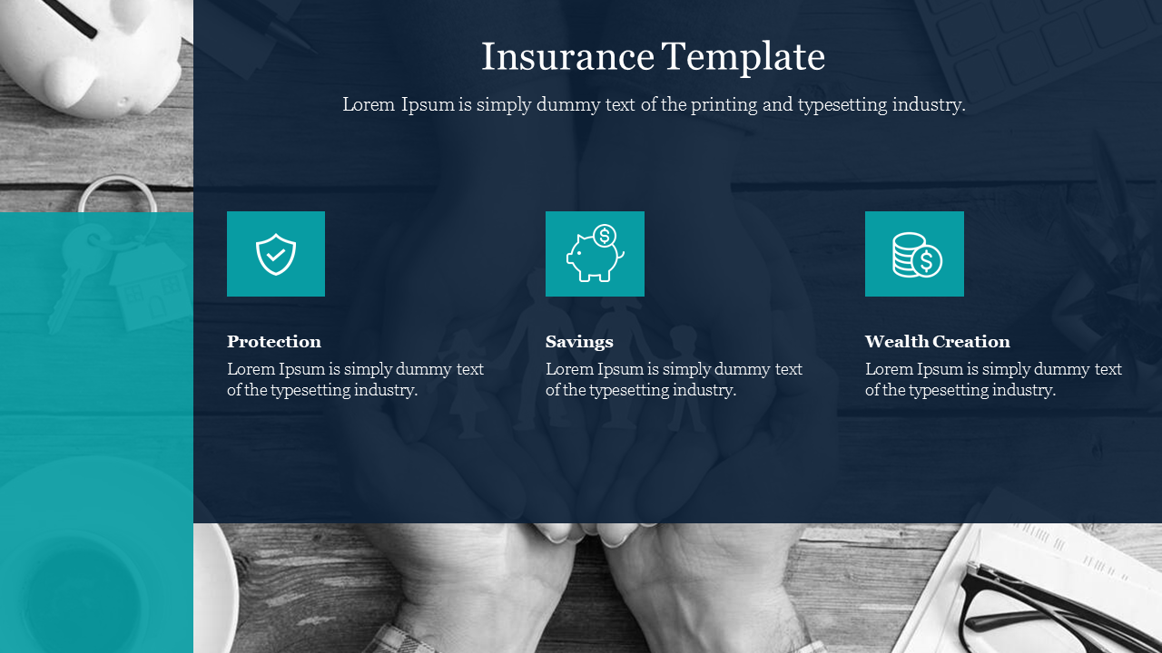 Insurance slide showing three key aspects protection, savings, and wealth creation, with icons for each concept.