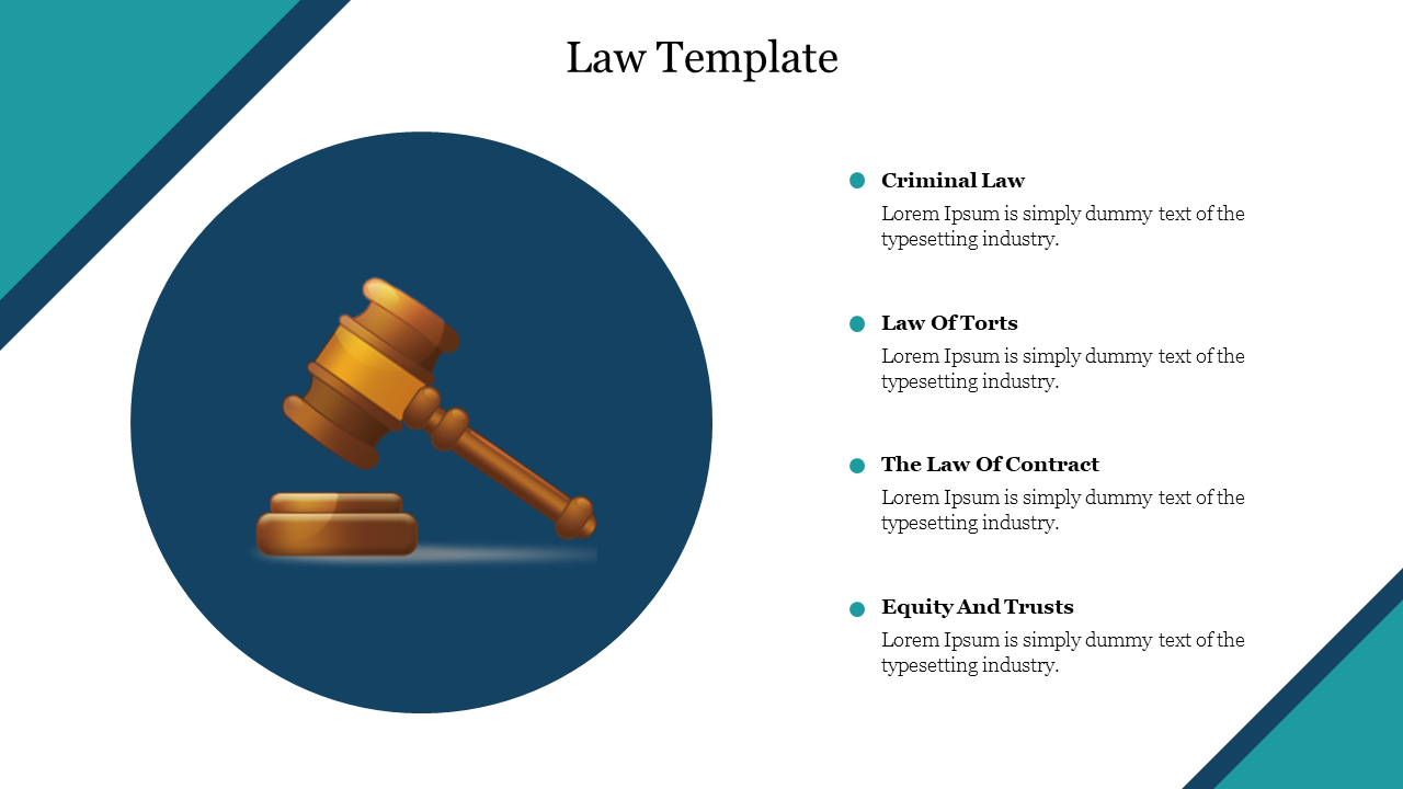 Law-themed slide with a central gavel icon and a list of legal fields including criminal and contract law.