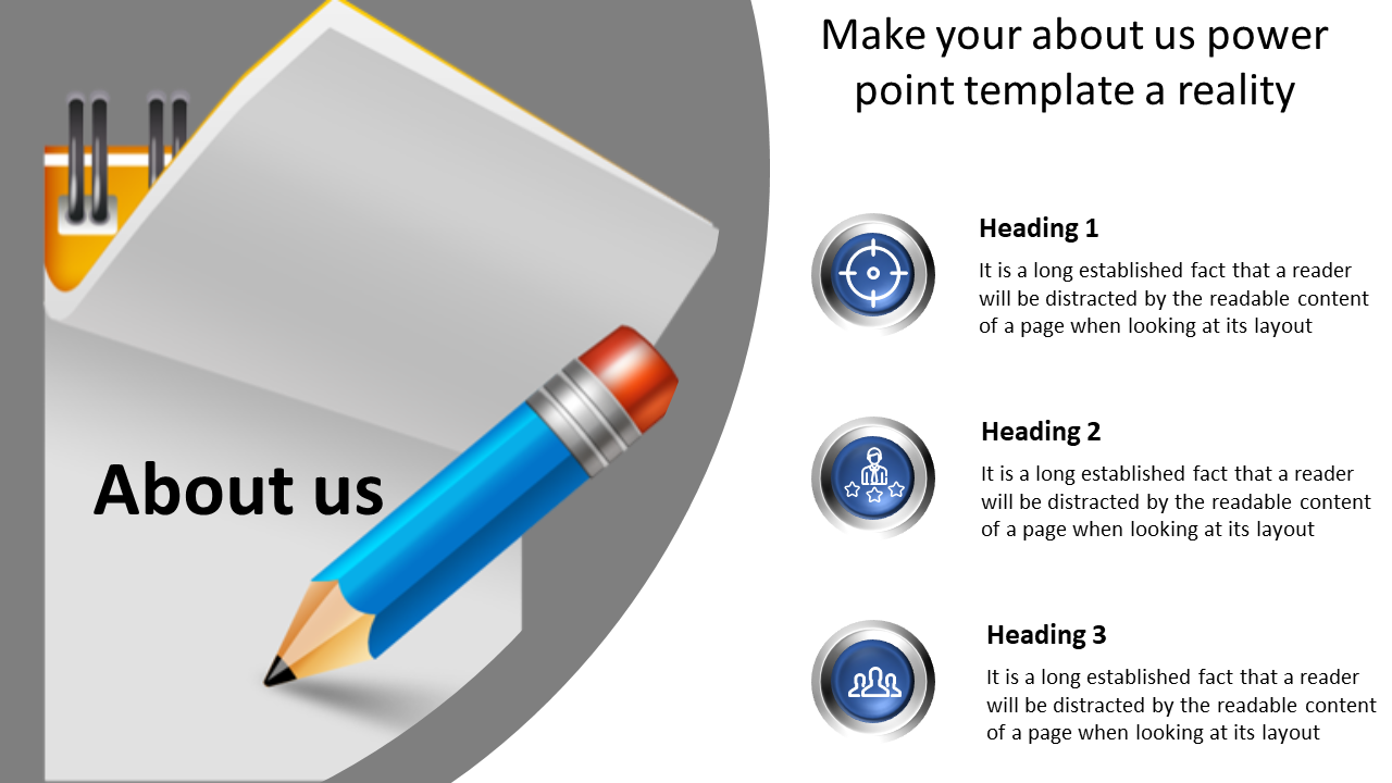 About Us slide with notebook and pencil image, featuring headings and icons for target, professional profile, and team icons.