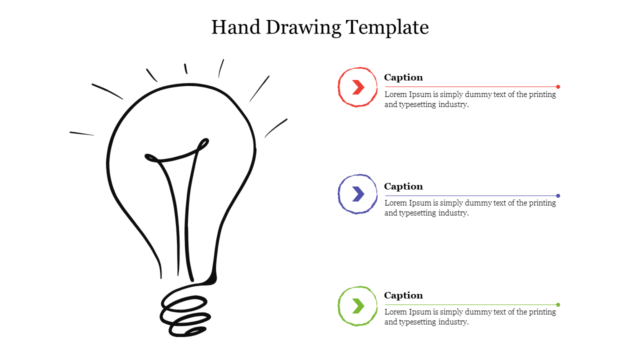 Minimalistic PowerPoint slide featuring a hand drawn light bulb sketch with three caption areas for text.