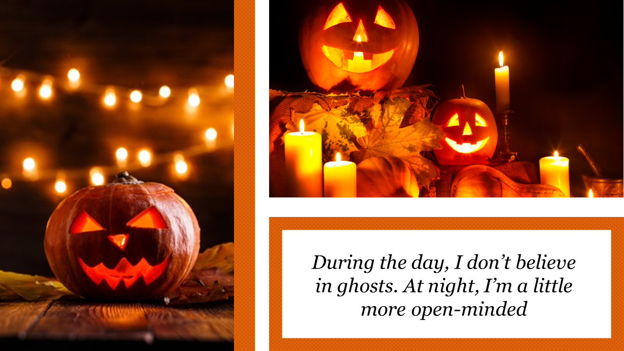 Festive Halloween slide featuring glowing jack o lanterns, candles, and autumn leaves with a spooky quote.