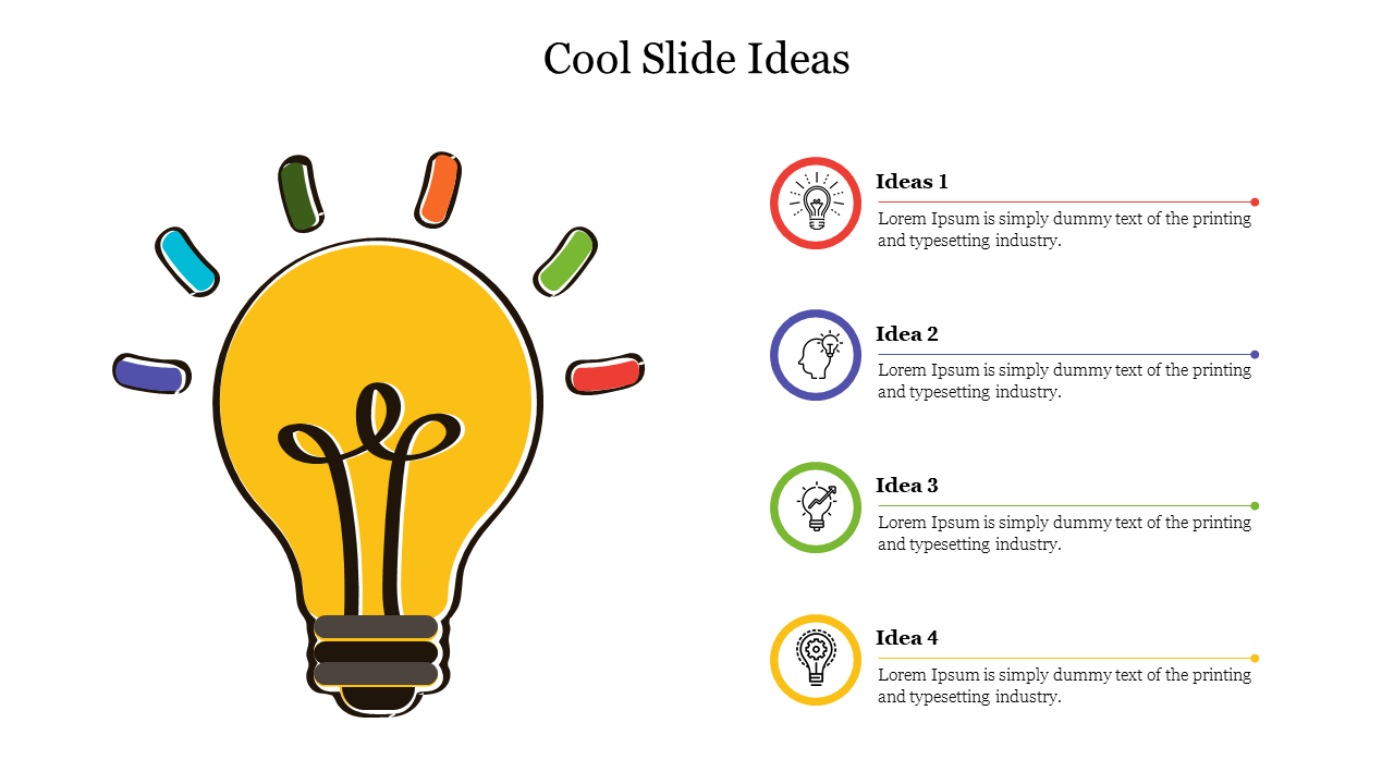 Creative light bulb design on the left and four numbered ideas with colored icons and placeholder text areas.