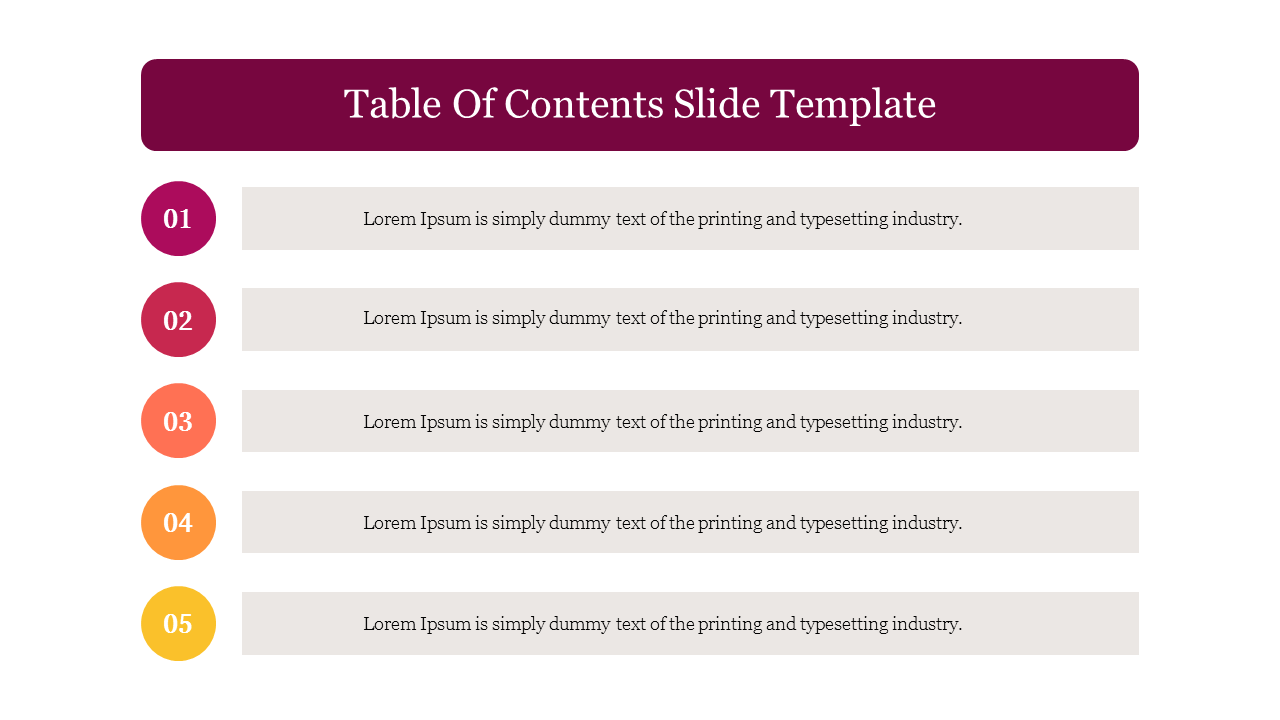 Table of contents with five numbered rows in various colors, each followed by a description, beneath a maroon header.