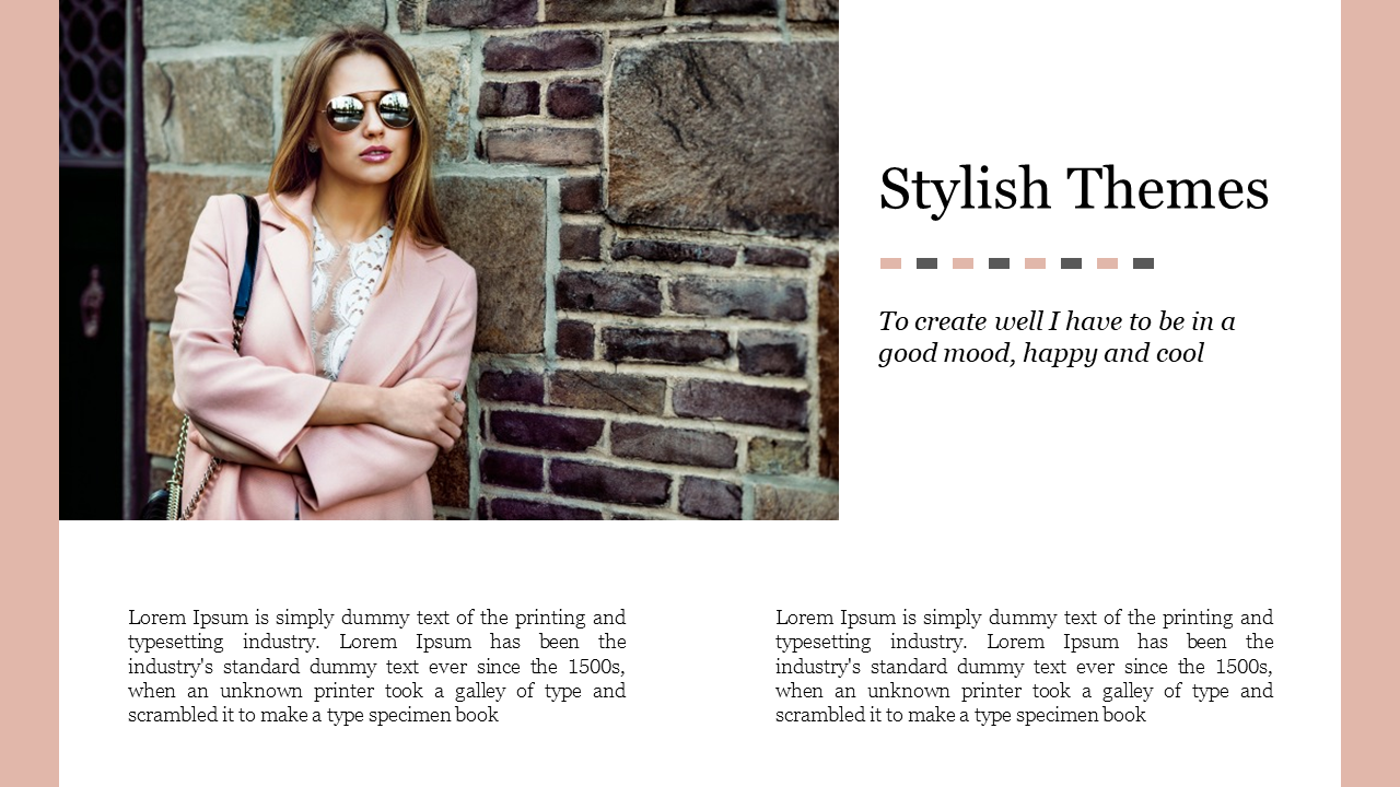 Stylish slide with a woman in a pink coat beside a stone wall, featuring text on a soft peach and white layout.