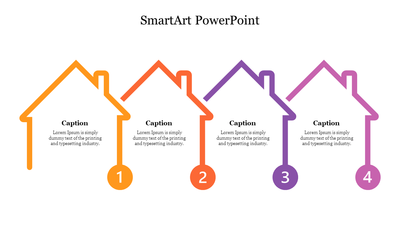 SmartArt design with four houses representing different concepts, each labeled with caption areas and numbers.