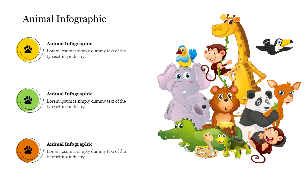 Colorful animal infographic slide featuring various animals with paw icons and placeholder text on the left.