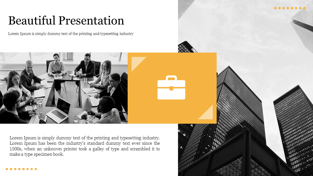 Beautiful slide featuring a professional setting with a black and white photo of a business meeting with a briefcase icon.