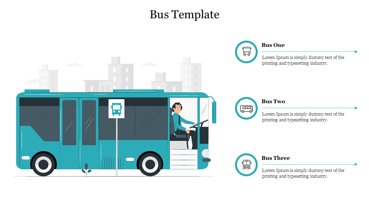 A slide showing a side view of a blue bus with a driver and three labeled bus icons with descriptions.