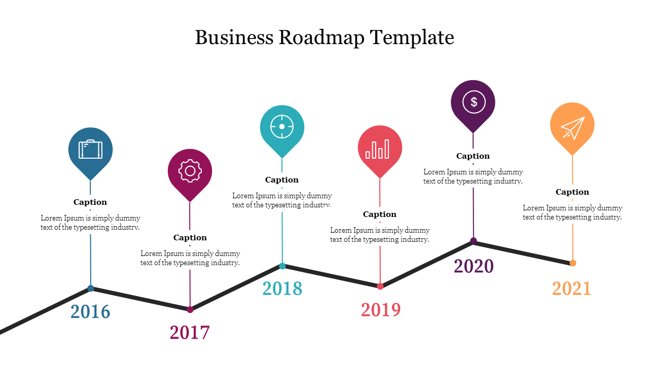 Zig-zag business roadmap slide showing key milestones from 2016 to 2021,highlighted by a distinct colored marker and icon.