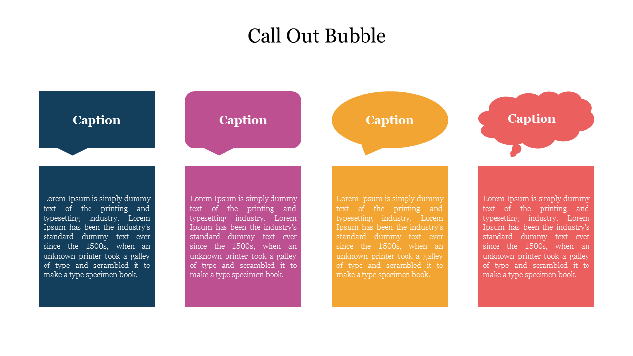 Four colorful call out bubbles in blue, pink, orange, and red, each containing a placeholder text block.