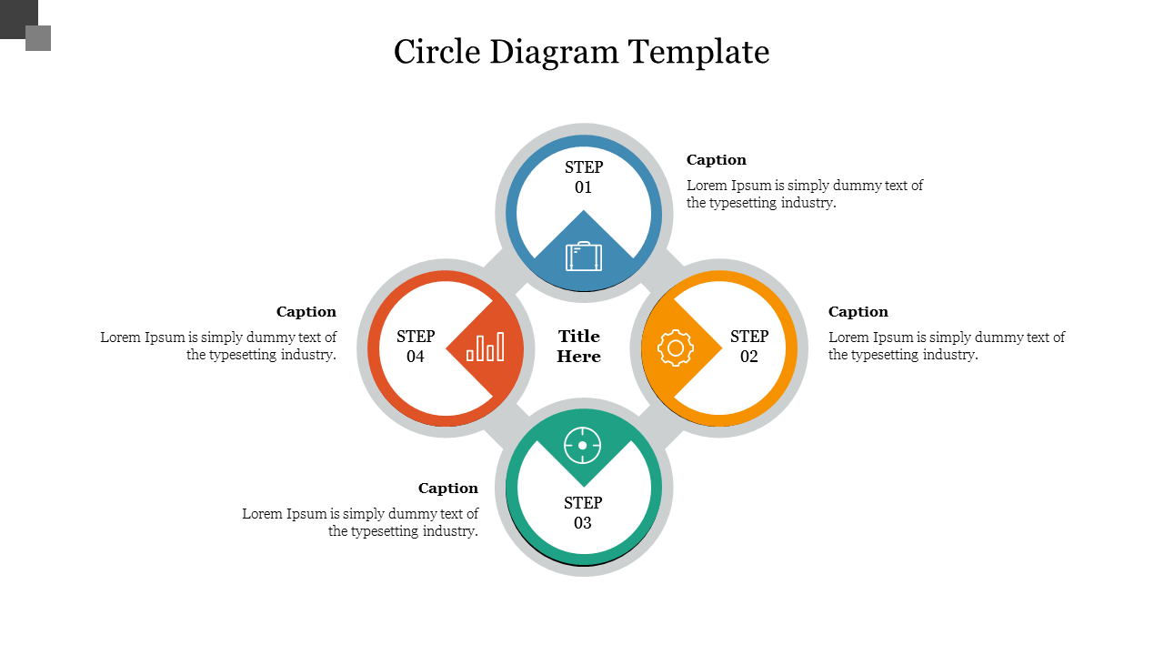 PowerPoint circle diagram with four steps, colorful icons representing different processes, and a central title section.