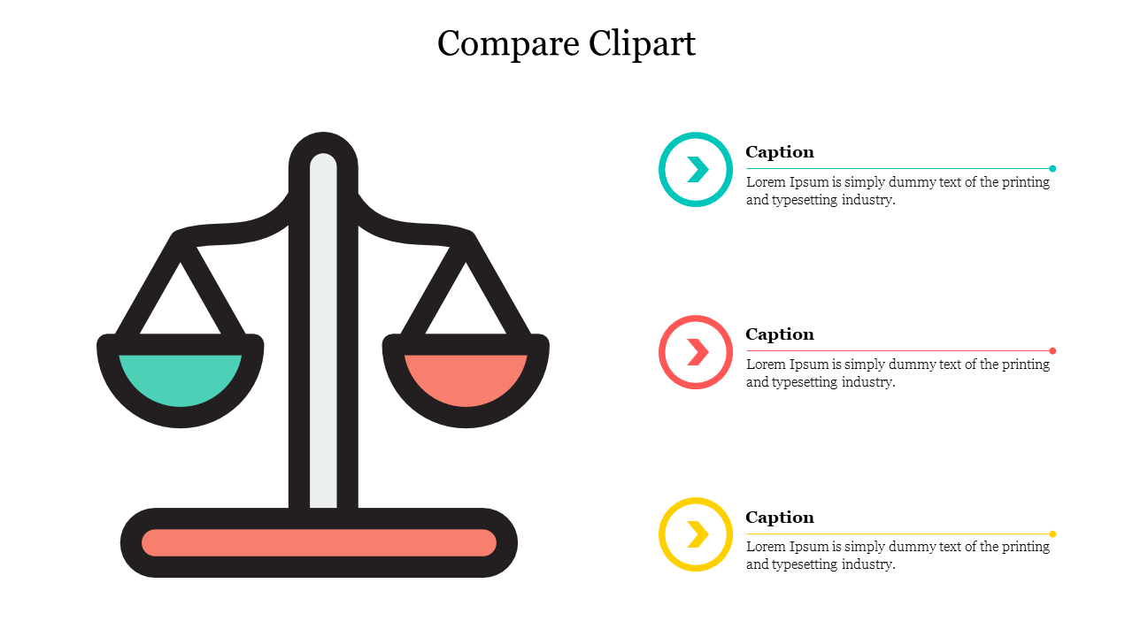 A colorful balance scale slide illustration comparing two elements, accompanied by three captions with icons.