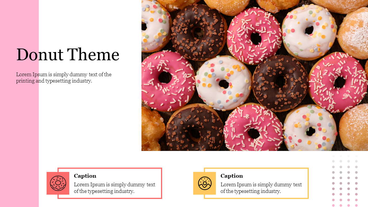 Colorful donuts, with pink, white, and chocolate icing and sprinkles, paired with text and two captions below.