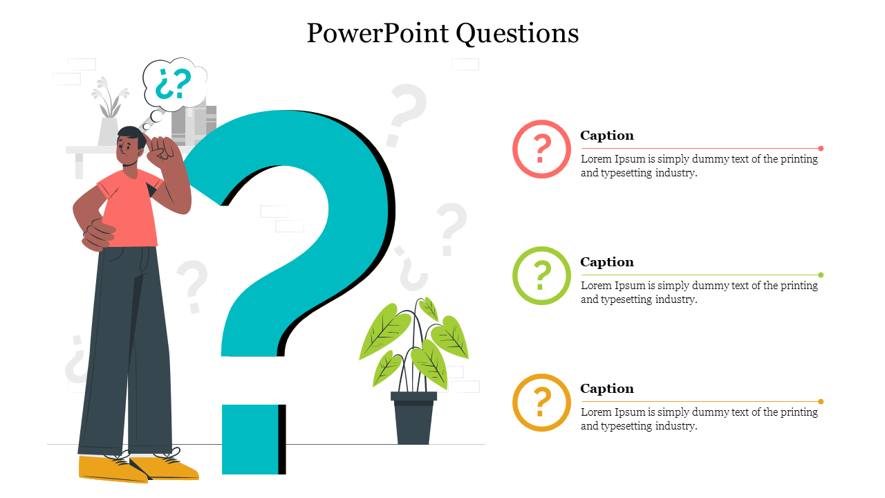 Illustration of man pondering beside a large question mark and three question mark icons with captions for text on the right.