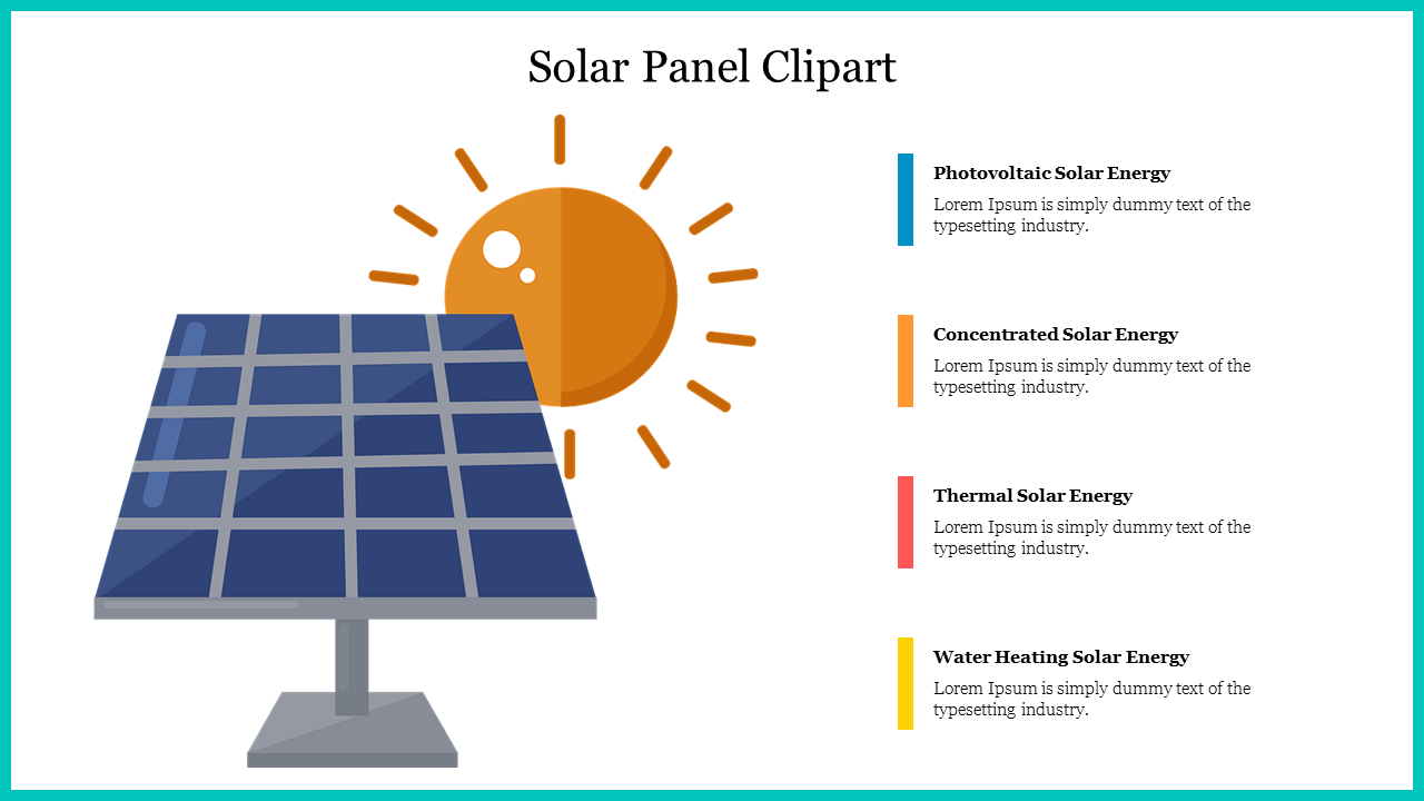 Illustration of a colorful solar panel with a bright sun and descriptions of different solar energy types with text area.