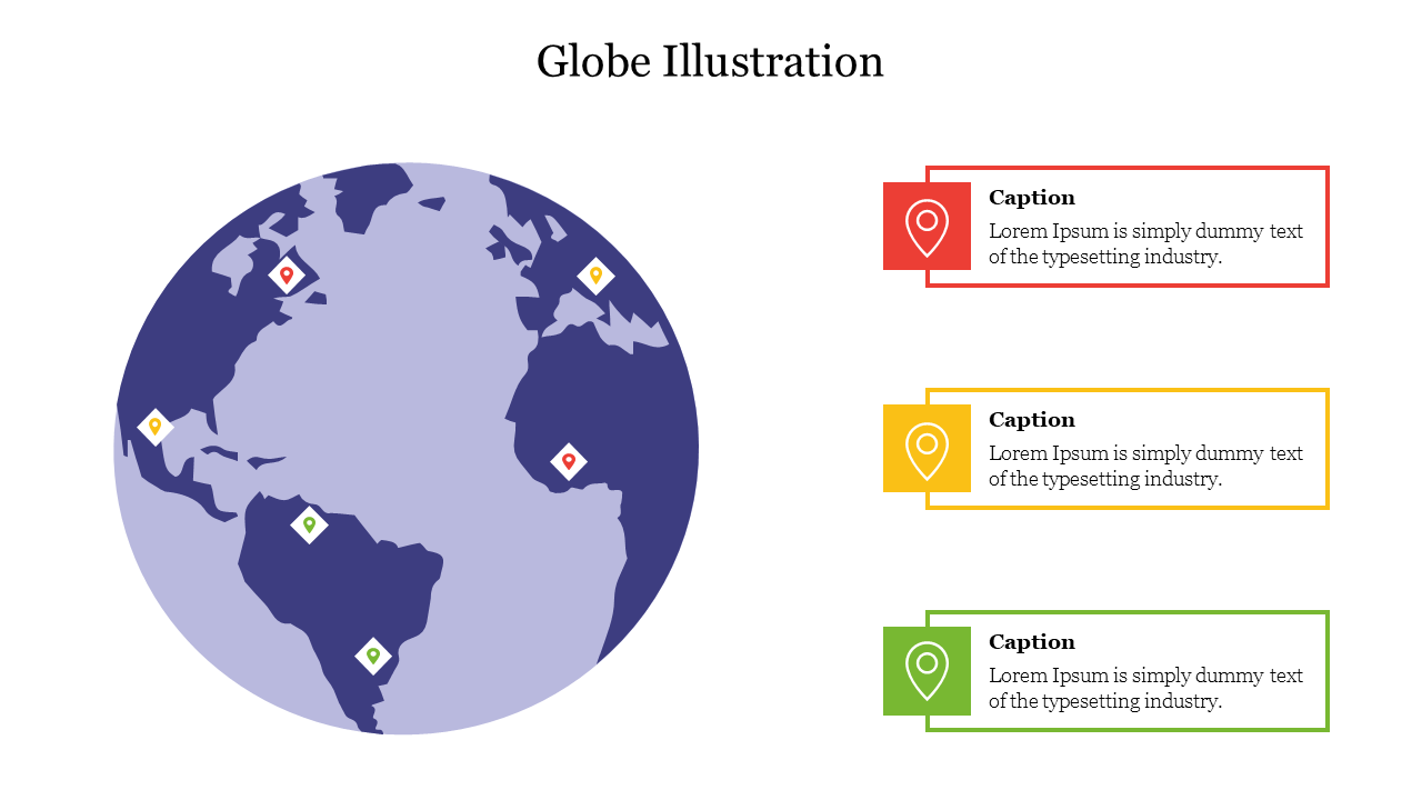 Globe illustration with location markers in red, yellow, and green, with matching caption boxes on the right.