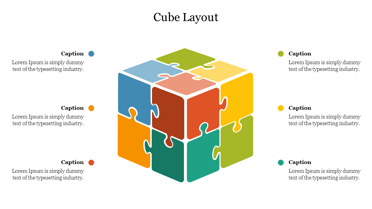 3D cube puzzle with multi colored pieces in blue, red, yellow, orange, green, and teal, surrounded by captions.